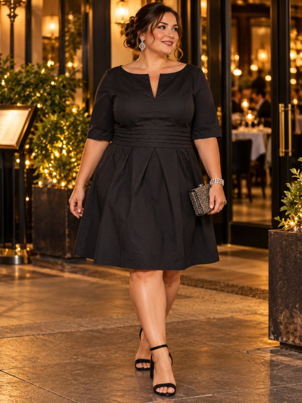 eShakti Black Cotton Pintuck Waist Fit & Flare Dress Plus Size 22W